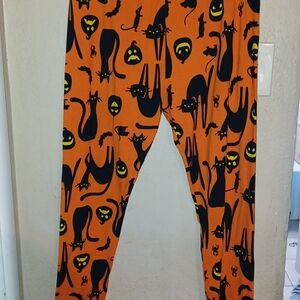Halloween Cat Print Leggings - Orange and Black